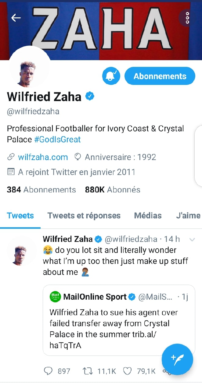 Wilfried Zaha commente un article du Daily Mail
